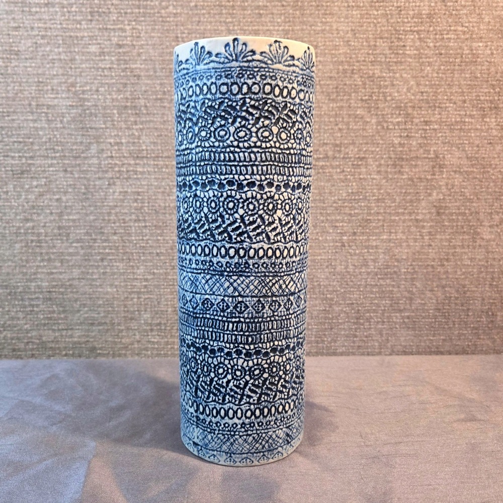 Blue and White Textured Lace Ceramic Cylinder Vase Made in Thailand 10.75 inch